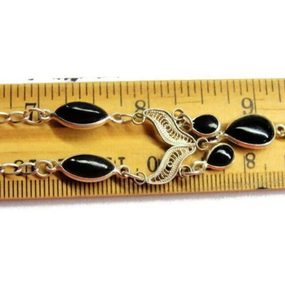 17" Necklace Filigree Black Onyx Teardrop Dangle Chain Vtg Sterling Silver 925 - Picture 5 of 9